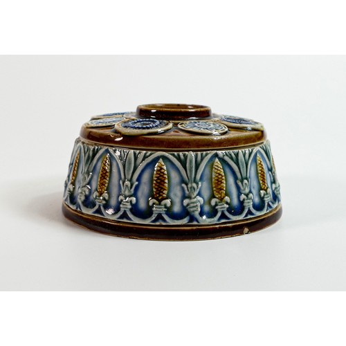 1123 - Doulton Lambeth Stoneware decorated inkwell, artists initials to base, d10cm. 3 minor slither chips ... 