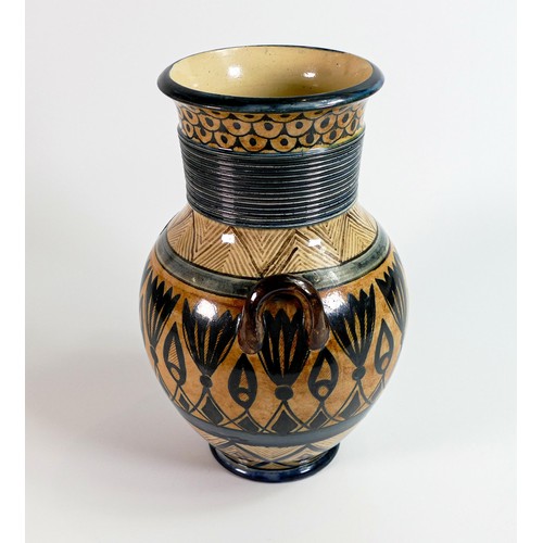 1129 - Doulton Lambeth Faience two handled vase decorated in the Cyprus design, dated 1879, h.27cm, with Ri... 