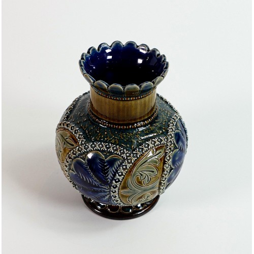 1132 - Doulton Lambeth Stoneware vase decorated with various leaves by Margaret Aitken, h.13cm, c1883.