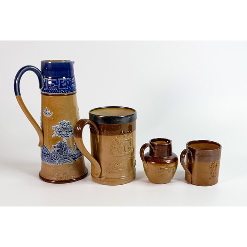 1139 - A collection of Doulton Lambeth Stoneware items including Willow design ewer, hunting tankard with s... 