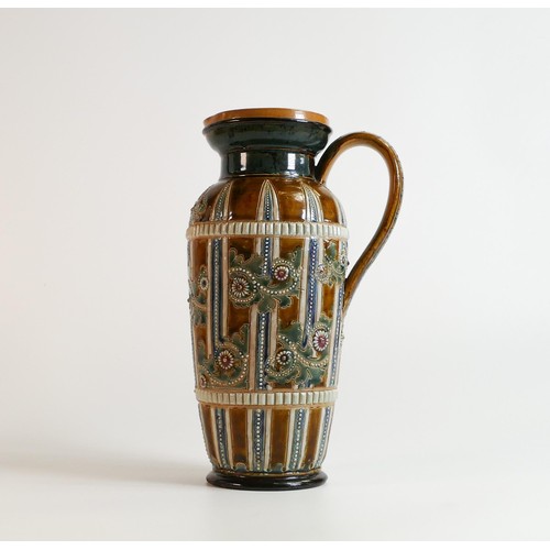 1197 - Doulton Lambeth Stoneware ewer by George Tinworth decorated with scrolling foliage, h.25cm, a/f - Ha... 