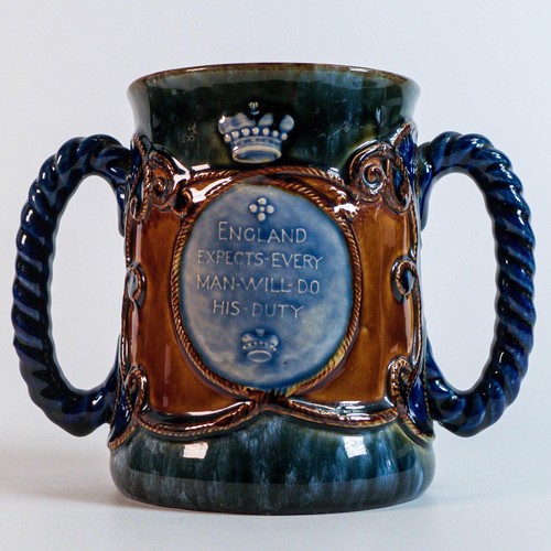 1210 - Royal Doulton Stoneware commemorative Admiral Lord Nelson two handled loving cup, decorated by Bessi... 