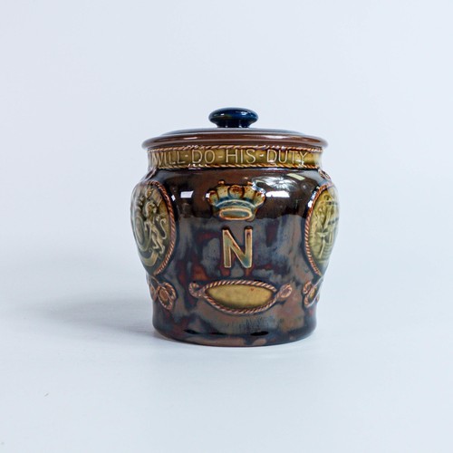 1226 - Royal Doulton Stoneware commemorative Admiral Lord Nelson tobacco jar and cover, modelled in low rel... 