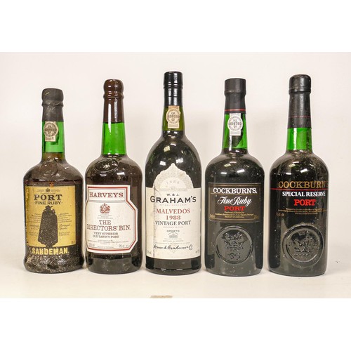 1390 - Five bottles of vintage Port to include Cockburns Fine Ruby Port 0.75cl, Sandeman Fine Ruby Port 0.7... 