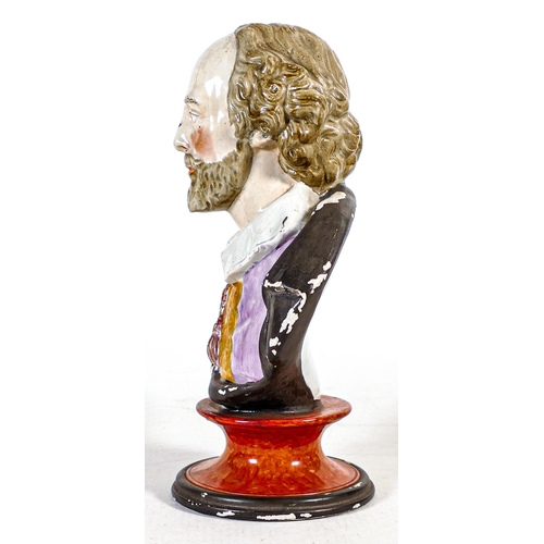 1427 - Staffordshire Pearlware bust of William Shakespeare, decorated in overglaze enamels on red patterned... 