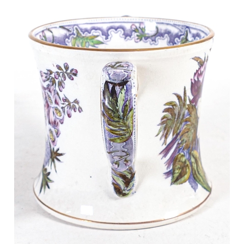 1434 - Victorian transfer printed Loving Cup, highlighted in overglaze enamels. Pattern name 'Foxglove' to ... 