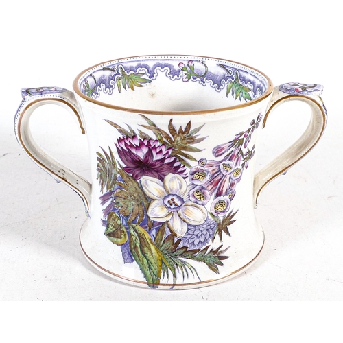 1434 - Victorian transfer printed Loving Cup, highlighted in overglaze enamels. Pattern name 'Foxglove' to ... 