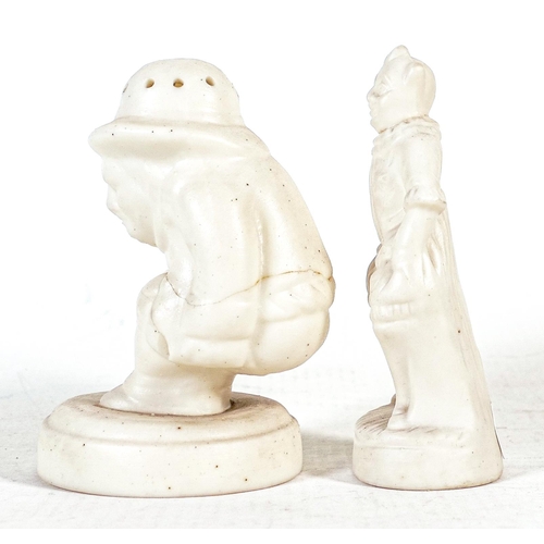 1435 - Two undecorated Staffordshire figures, 'Roger Giles' sifter along with clown figure. Sifter has been... 