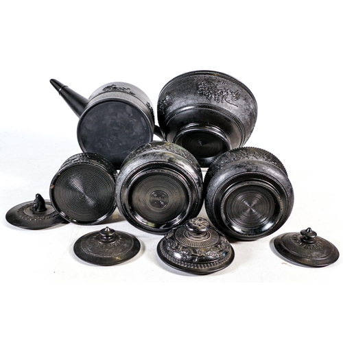 1439 - A collection of 19th century black Staffordshire ware including teapot, lidded pots bowl etc. (5)