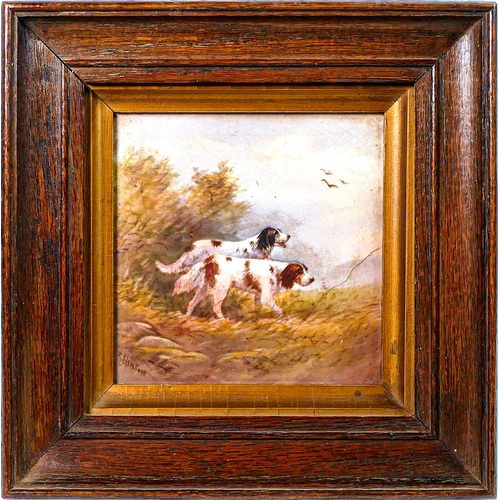 1453 - 'R. Hinton', Crown Devon Fieldings, Edwardian framed tile depicting two Setter gun dogs. (a/f reglue... 