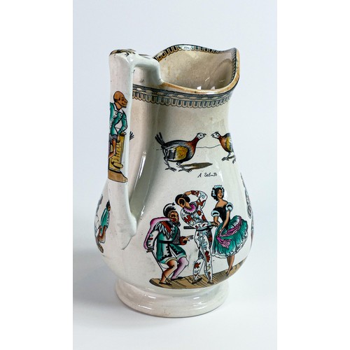 1456 - Elsmore and Forster puzzle jug, transfer printed with harlequins, A Set To and other caricatures and... 