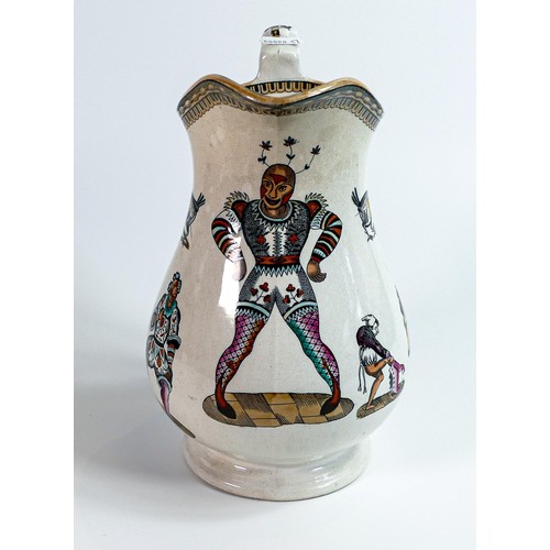 1456 - Elsmore and Forster puzzle jug, transfer printed with harlequins, A Set To and other caricatures and... 