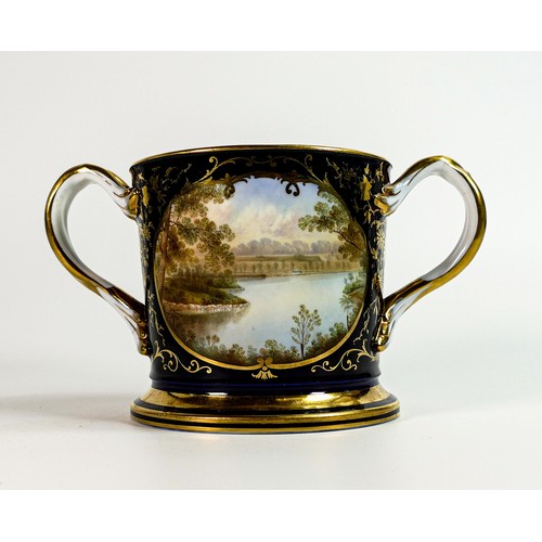 1458 - Aynsley panelled Loving Cup, script reading Made by J Aynsley Esq on his 76th Birthday with landscap... 