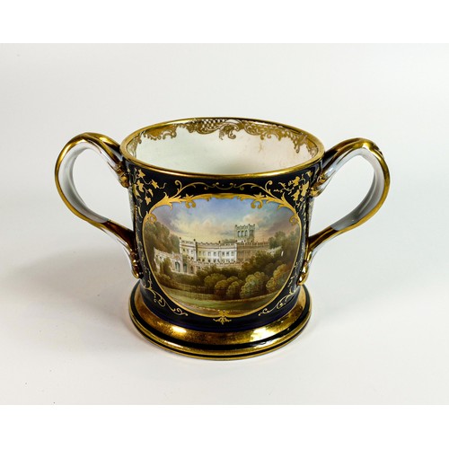 1458 - Aynsley panelled Loving Cup, script reading Made by J Aynsley Esq on his 76th Birthday with landscap... 