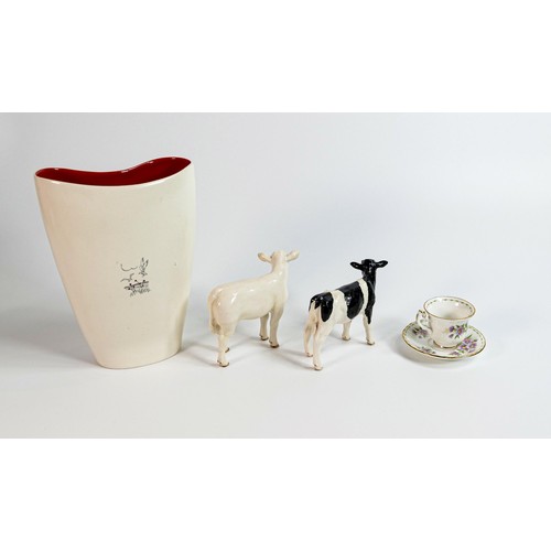 1468 - Crown Devon Yacht vase, 2 pottery calves and Royal Albert miniature September cup & saucer. (4)