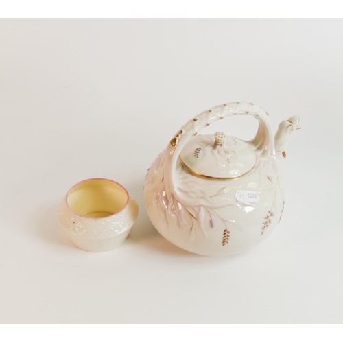 1485 - Belleek porcelain duck tea pot in shades of pink and gold, h.17cm together with Belleek sugar bowl. ... 