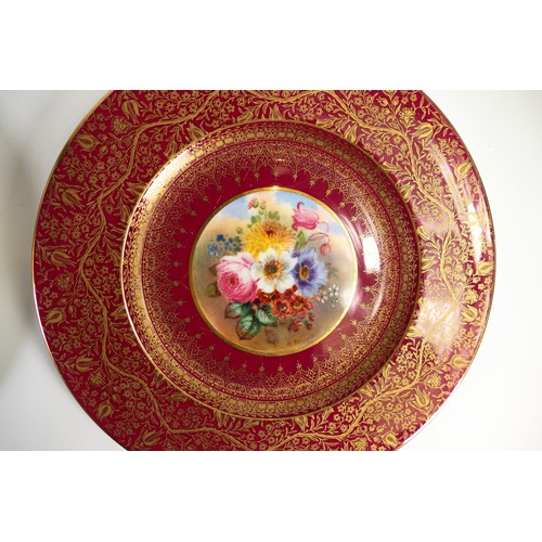 1593 - A set of George Jones gilded plates, hand painted with flowers by Birkbeck, d.22.5cm. (6)