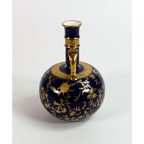 1605 - Mintons aesthetic gilded two handled vase, cobalt blue ground with gilded floral decoration, h16cm.