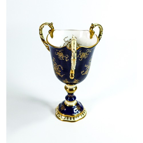 1614 - Coalport tri handled vase, gilded & hand painted panel of Ironbridge Gorge, h.22.5cm.