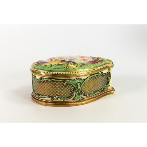 1627 - Coalport jewelled shaped box & cover, gilded & hand painted with flowers, 15cm x 9.5cm, small Fine h... 