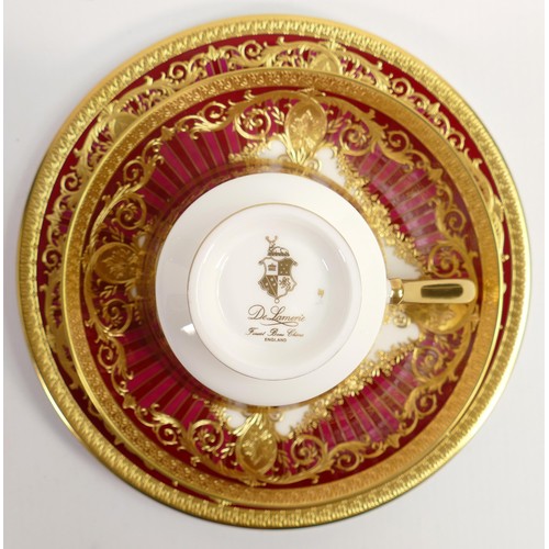 1661 - De Lamerie Fine Bone China deep red Carnival patterned trio, specially made high end quality items (... 