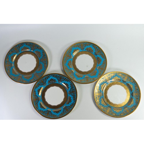 1703 - Set of four De Lamerie Elegance pattern plates, turquoise and gold gilding, specially made high end ... 