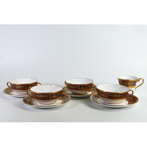 1706 - De Lamerie Fine Bone China heavily gilded Empire pattern handled soup bowls & saucers, and matching ... 