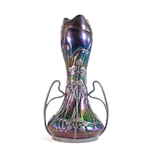 1726 - Bohemian Art Nouveau pewter mounted Iridescent Art Glass vase, attributed to Loetz but unsigned, pew... 