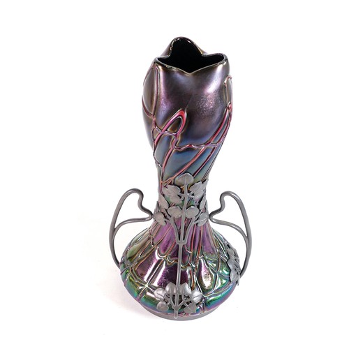 1726 - Bohemian Art Nouveau pewter mounted Iridescent Art Glass vase, attributed to Loetz but unsigned, pew... 