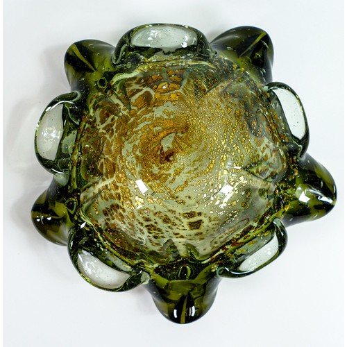 1737 - Large free form Art Glass bowl with internal gold flecks, diameter 18cm