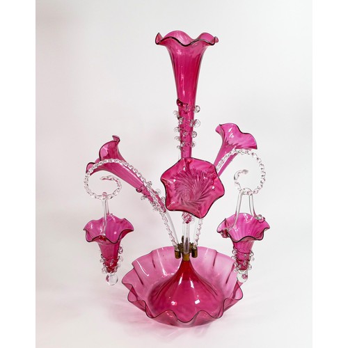 1738 - Large ornate Ruby glass Epergne with six stems & 3 droppers, height 56cm