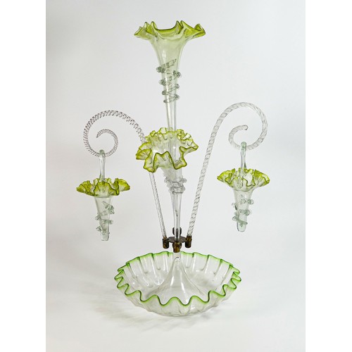 1739 - Large ornate opaque green glass Epergne with four stems & 2 droppers, height 56cm