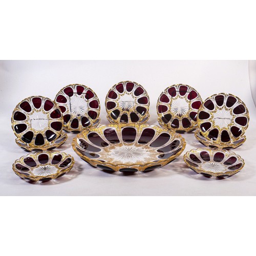 1741 - Bohemian gilded purple & clear glass dessert set in the Baccarat style, comprising large bowl with 1... 