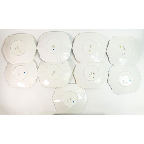 1836 - Nine Shelley tab handled square bread and butter plates. Patterns 167, 12169, 12216 x 2, 11961, 0136... 