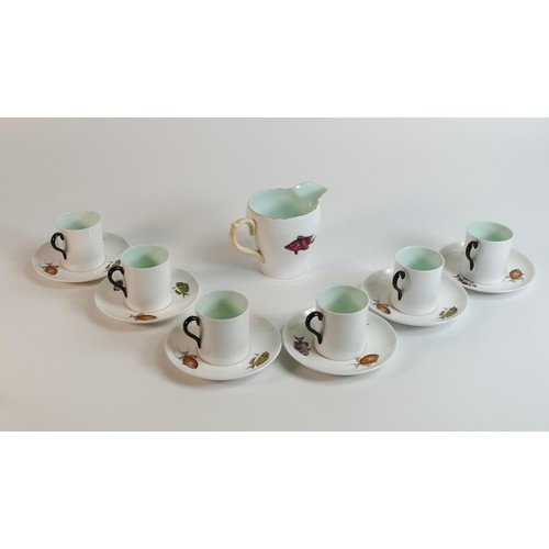 1847 - Shelley Rowland Ward Kenya Coffee Set decorated with Tropical fish, one saucer with hairline. (13)