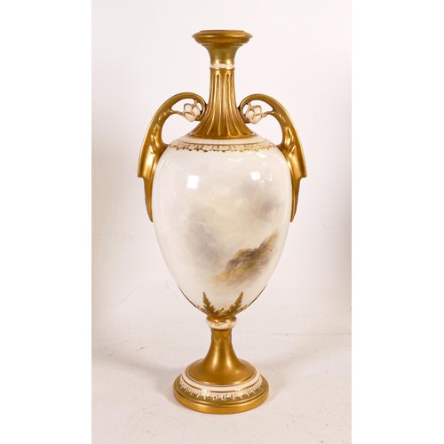 1855 - Royal Worcester gilded two handled vase hand painted with highland cattle by J Stinton, h.35.5cm, (a... 