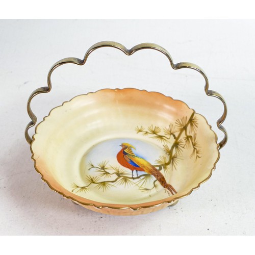 1856 - Locke & Co. Worcester small dish decorated with a golden pheasant by J Lewis, mounted in silver plat... 