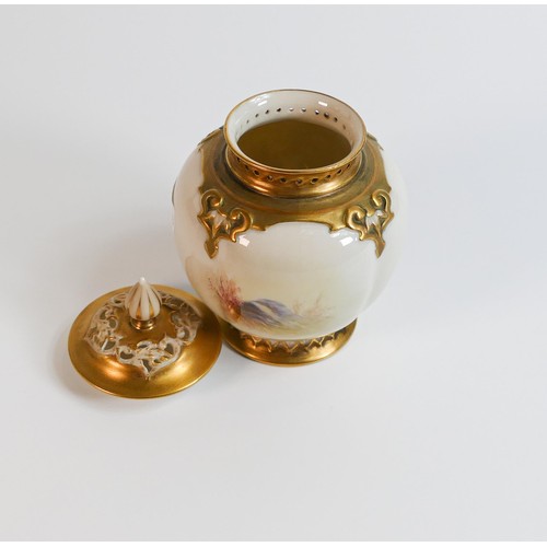 1857 - Royal Worcester gilded small pot pourri vase & cover hand painted with a country house by Rushton, s... 