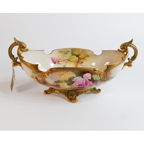 1858 - Royal Worcester large gilded dragon shaped bowl hand painted with roses by R.Austin, shape 254 with ... 