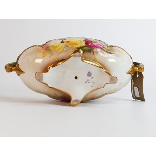 1858 - Royal Worcester large gilded dragon shaped bowl hand painted with roses by R.Austin, shape 254 with ... 