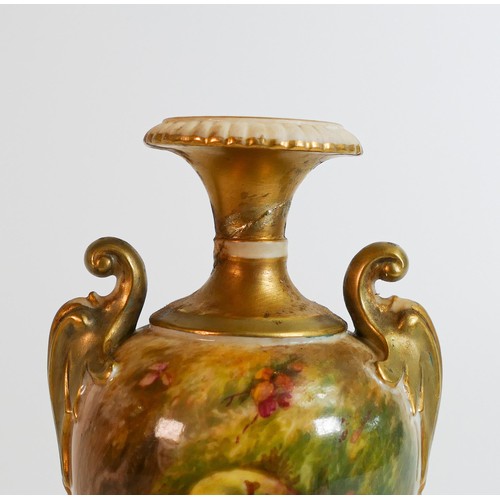 1859 - Royal Worcester gilded vase hand painted with fruit by Ricketts, shape 1969 with puce marks. Broken ... 