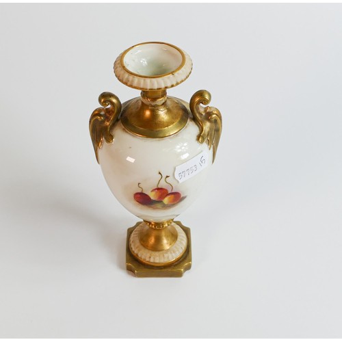 1859 - Royal Worcester gilded vase hand painted with fruit by Ricketts, shape 1969 with puce marks. Broken ... 