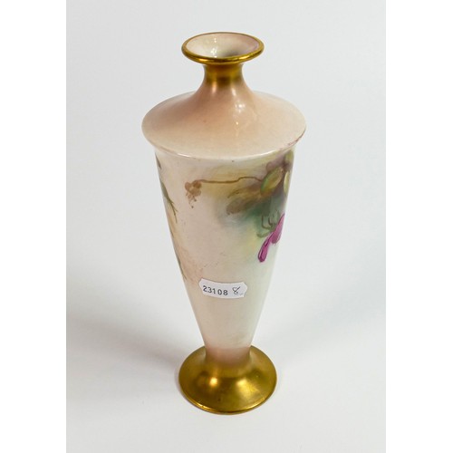 1870 - Royal Worcester vase, painted with roses by Kitty Blake, printed puce factory mark. 2 minute nips to... 