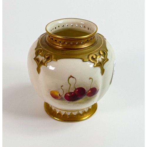 1871 - Royal Worcester small gilded vase, painted with fruit by Ricketts, puce factory mark, h.10cm.