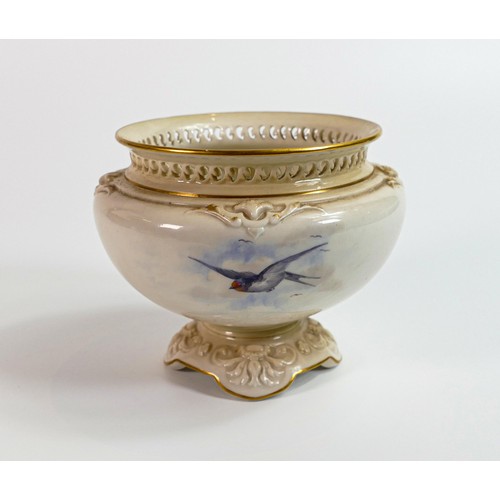 1880 - Royal Worcester footed bowl, hand painted with swallows, green printed marks, d.13cm.