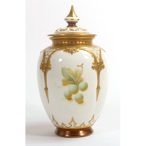 1884 - Royal Worcester potpourri jar & cover, hand painted with fruit and signed by artist, h.19.5cm