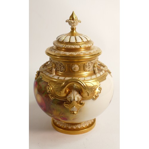 1887 - Superb Royal Worcester two handled urn & cover, gilded and hand painted with fruit by Horace Price, ... 