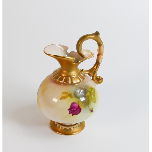 1893 - Royal Worcester gilded blush ewer decorated with roses, model 209 with puce marks, h.15cm.