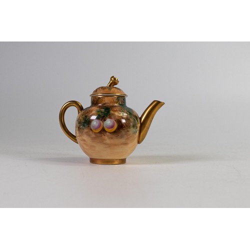 1896 - Royal Worcester miniature tea pot gilded & decorated with fruit, artist signed, black factory mark, ... 