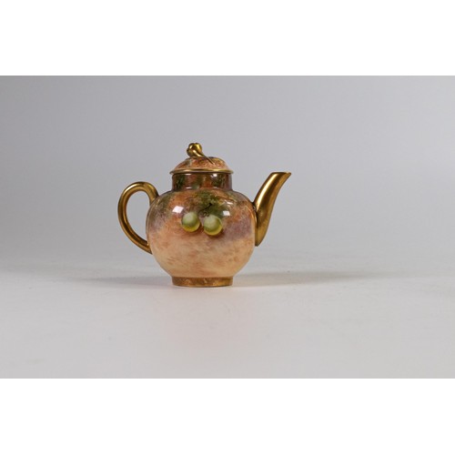 1897 - Royal Worcester miniature tea pot gilded & decorated with fruit, artist signed, black factory mark. ... 